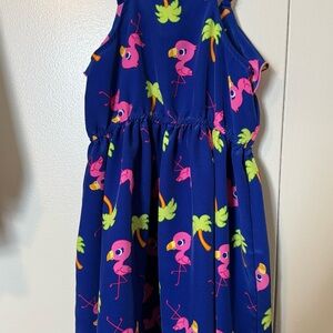 Girls Blue Dress with Pink Flamingo and Green Palm Print